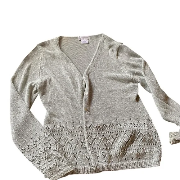 Light Green Openwork V-Neck Cardigan Sweater - Picture 3 of 6